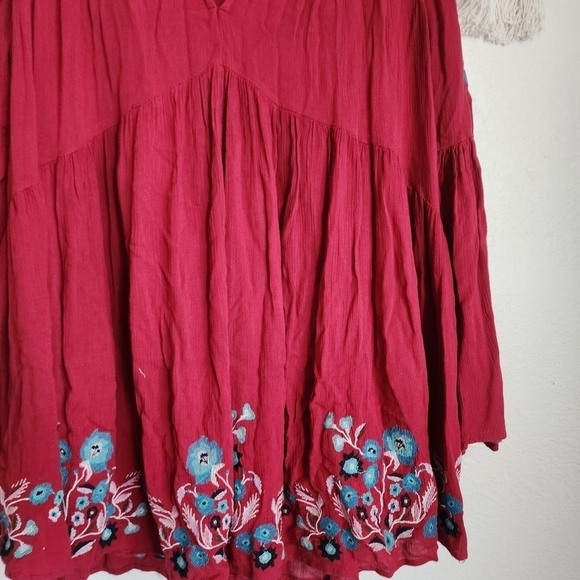 Free People Te Amo Berry Red Embroidered Flowy Mini Boho Dress Whimsical Peasant - Picture 8 of 13